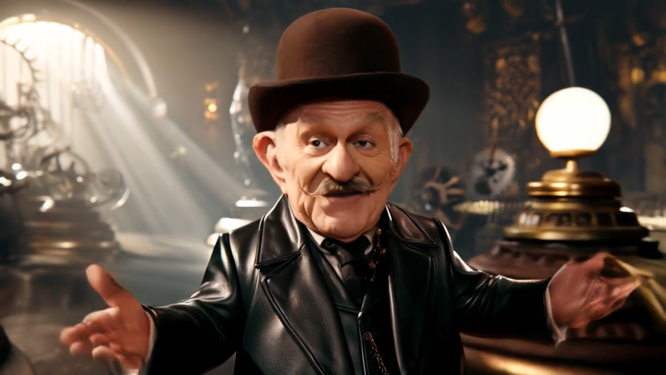 James Bell, personaje de Enanos Financieros, con sombrero hongo y los brazos abiertos en su taller steampunk