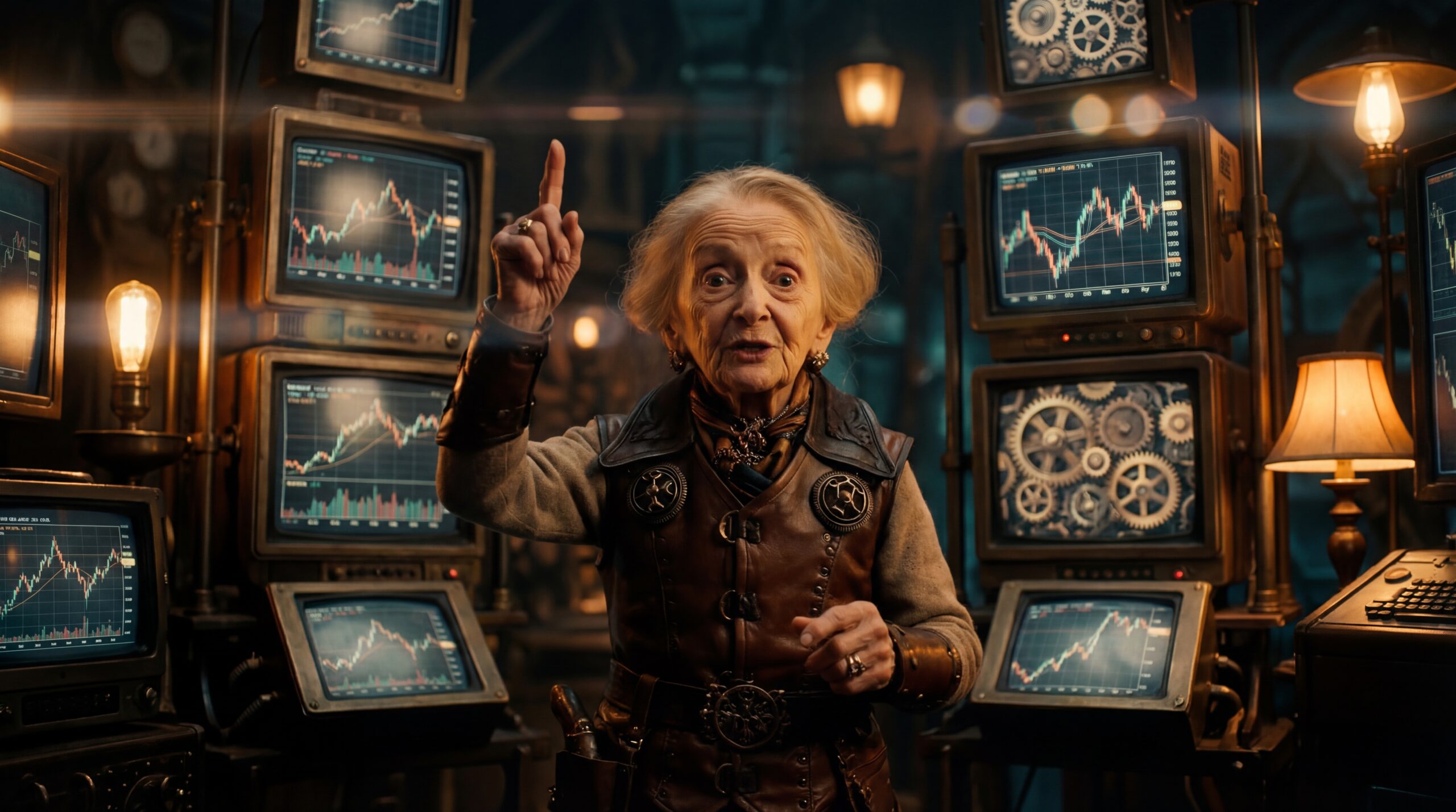 Lola Granny, personaje de Enanos Financieros, con su libreta de cuentas de siempre en su taller steampunk